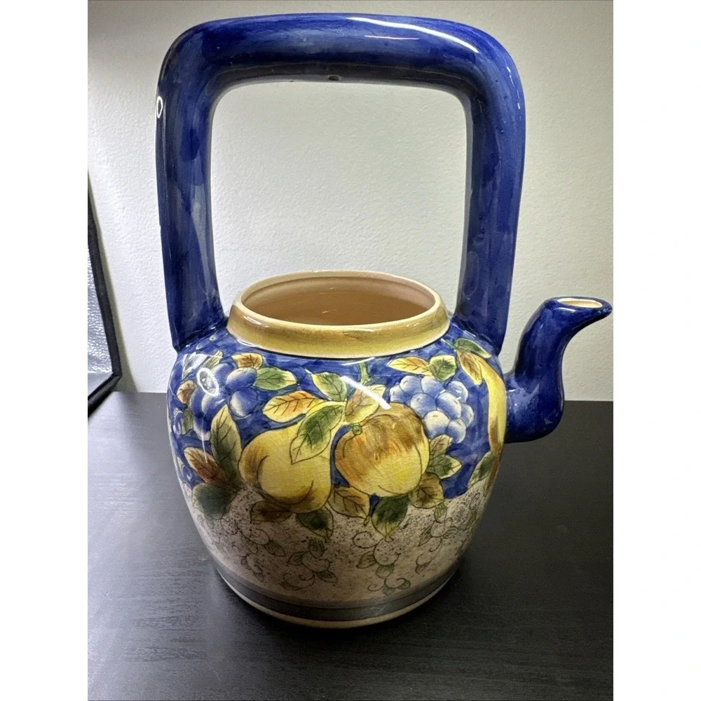 Lg Vtg Ceramic Pottery Teapot With‎ Lid Colorful Cobalt Blue Yellow Pears